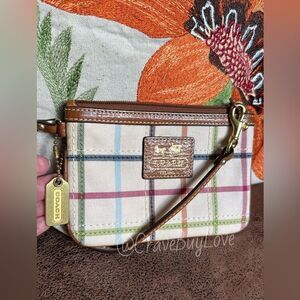 COACH BLEECKER TATTERSALL WRISTLET STRIPED FABRIC STITCH LEATHER BRASS HANGTAG